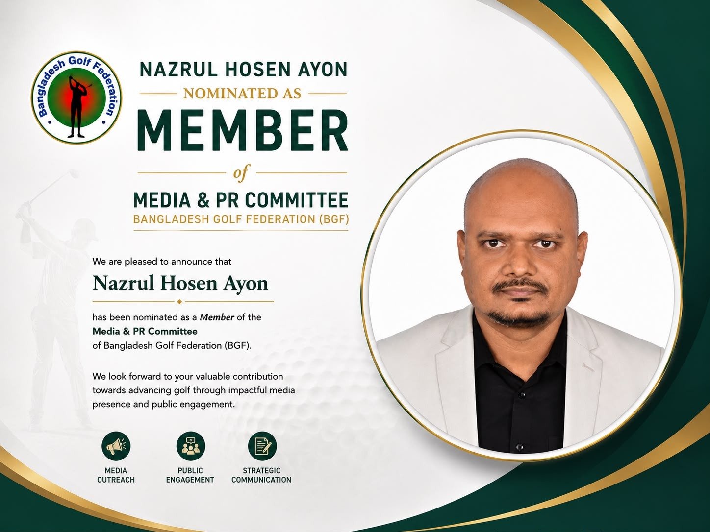 Bangladesh Golf Federation announcement naming Nazrul Hosen Ayon to its Media and PR Committee